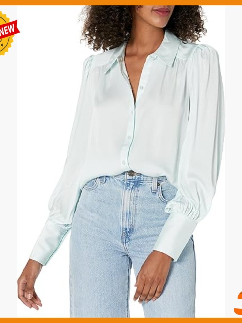 Silk Blend Puff Sleeve Blouse with Button Placket and Elongated Cuffs